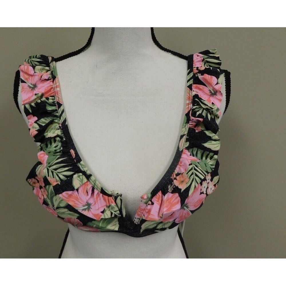 True Craft ruffled bikini top black with flowers  Size Medium  NWT